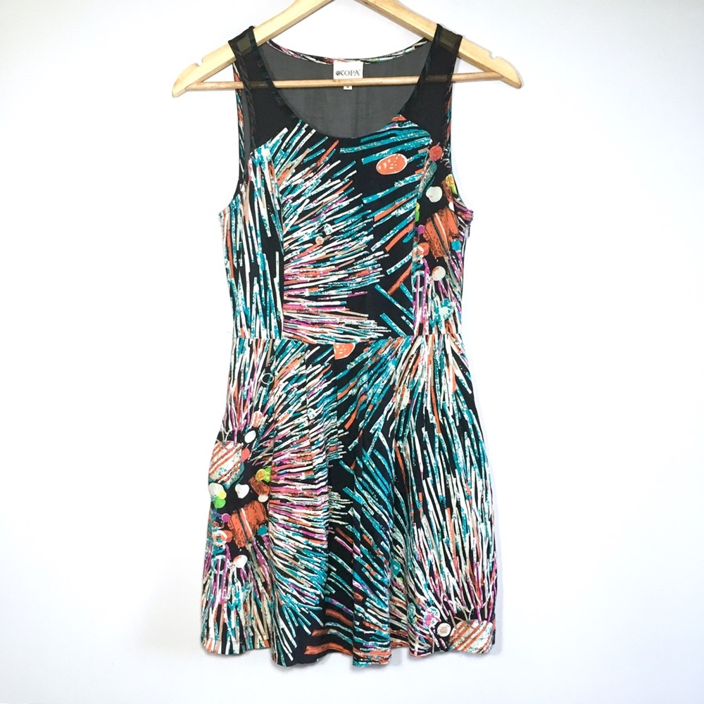 Kopa Mesh Shoulder Fit & Flare Patterned Dress